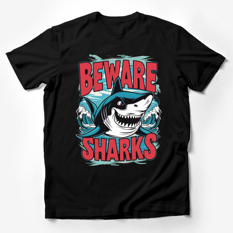 Men's Graphic Tee Beware Sharks Ocean Theme Bold Shark Illustration Cotton T-Shirt Summer Beach Wear Stylish Casual Top Male T-Shirt