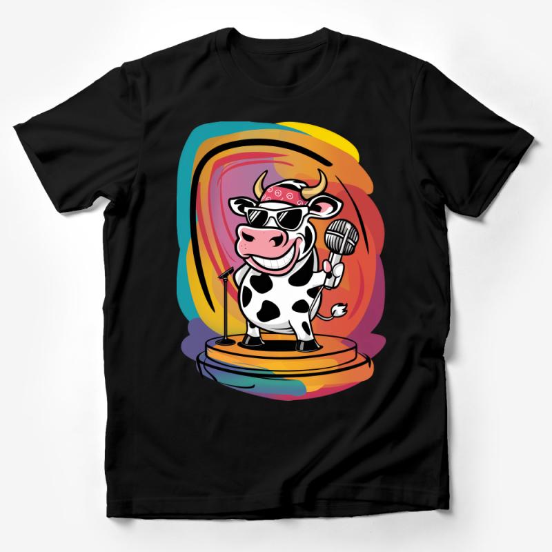 Funky Cow T-Shirt, Cartoon Animal with Microphone, Colorful Casual Tee, Music Lover Gift, Unisex Graphic Shirt, Cool Cow Design Top Male T-Shirt