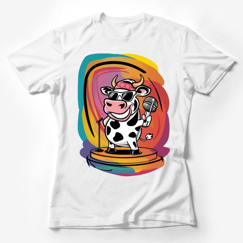 Funky Cow T-Shirt, Cartoon Animal with Microphone, Colorful Casual Tee, Music Lover Gift, Unisex Graphic Shirt, Cool Cow Design Top Female T-Shirt