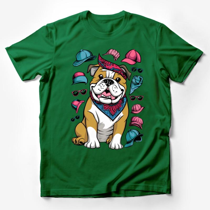 Colorful Bulldog with Caps and Sunglasses, Fun Dog Lover T-Shirt, Graphic Tee, Unique Animal Shirt, Unisex Clothing Gift Male T-Shirt