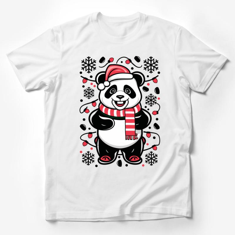 Christmas Panda T-Shirt, Cute Holiday Panda with Santa Hat, Festive Winter Tee for All Ages, Snowflakes and Candy Canes Male T-Shirt