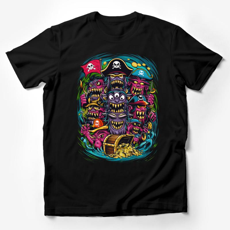 Colorful Monster Pirate Graphic Tee, Fun Cartoon Treasure Chest T-Shirt, Unique Sea Creature Design Shirt Gift Male T-Shirt