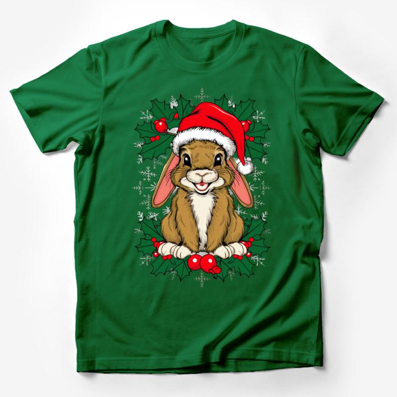 Cute Christmas Bunny T-Shirt, Festive Rabbit with Santa Hat, Holiday Tee, Winter Animal Top, Xmas Gift, Unisex Apparel, All Sizes Male T-Shirt