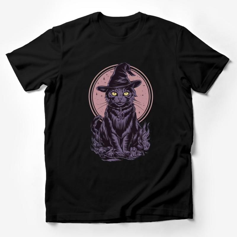 Witchy Black Cat T-Shirt, Halloween Witch Cat Tee, Occult Feline Shirt, Mystic Animal Apparel, Moon and Stars Graphic Top Male T-Shirt