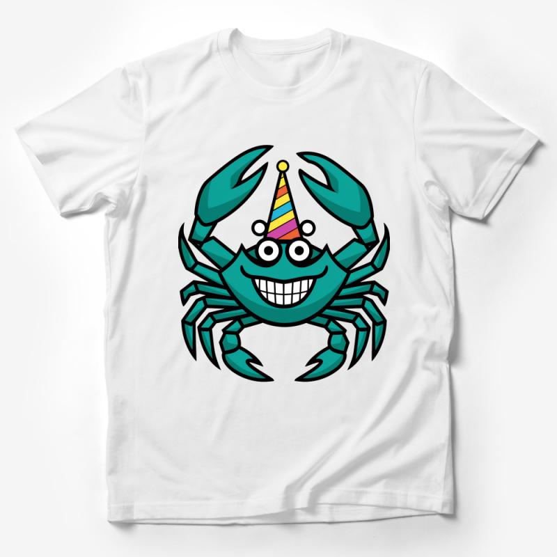 Fun Party Crab Graphic T-Shirt, Cute Cartoon Crab with Party Hat, Unisex Ocean Life Tee for All Ages Male T-Shirt