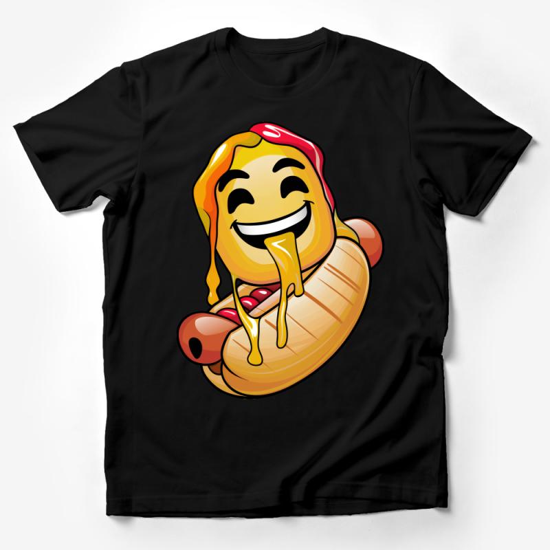 Funny Hot Dog Emoji Graphic T-Shirt, Novelty Smiling Food Tee, Casual Unisex Shirt for Summer BBQ Parties Male T-Shirt