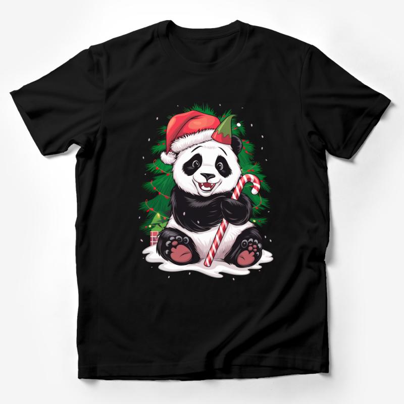 Christmas Panda T-Shirt, Cute Holiday Animal with Candy Cane, Festive Tee, Santa Hat Bear, Unisex Christmas Gift, Winter Apparel Male T-Shirt