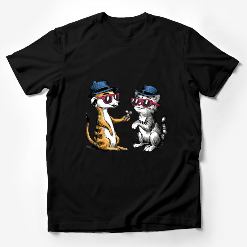 Cool Cat and Meerkat Duo T-Shirt, Funny Animal Cartoon, Hipster Pets Graphic Tee, Unisex Adult Clothing Male T-Shirt