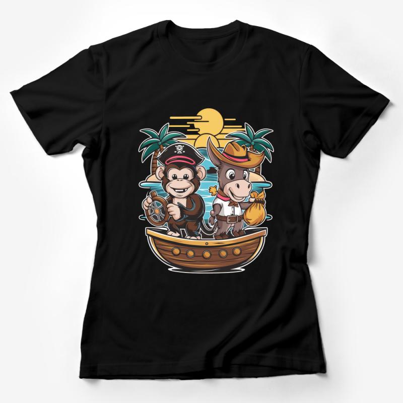 Pirate Monkey and Cowboy Donkey T-Shirt, Tropical Sunset Graphic Tee, Unisex Island Adventure Shirt, Unique Animal Design Top Female T-Shirt