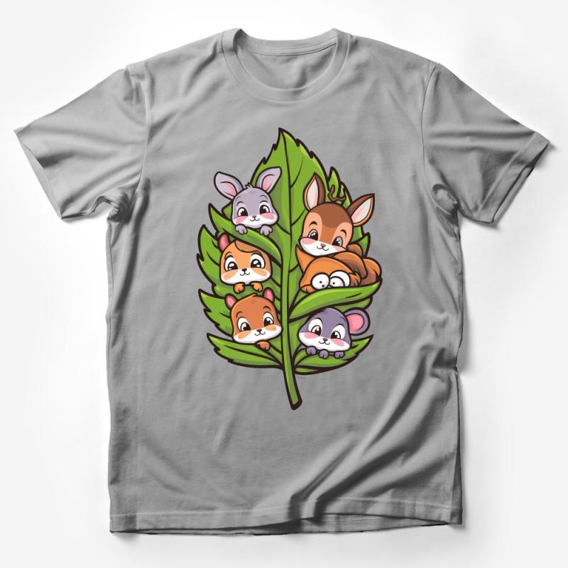 Cute Forest Animals in a Leaf Illustration Graphic T-Shirt, Adorable Woodland Creature Tee for All Ages Male T-Shirt