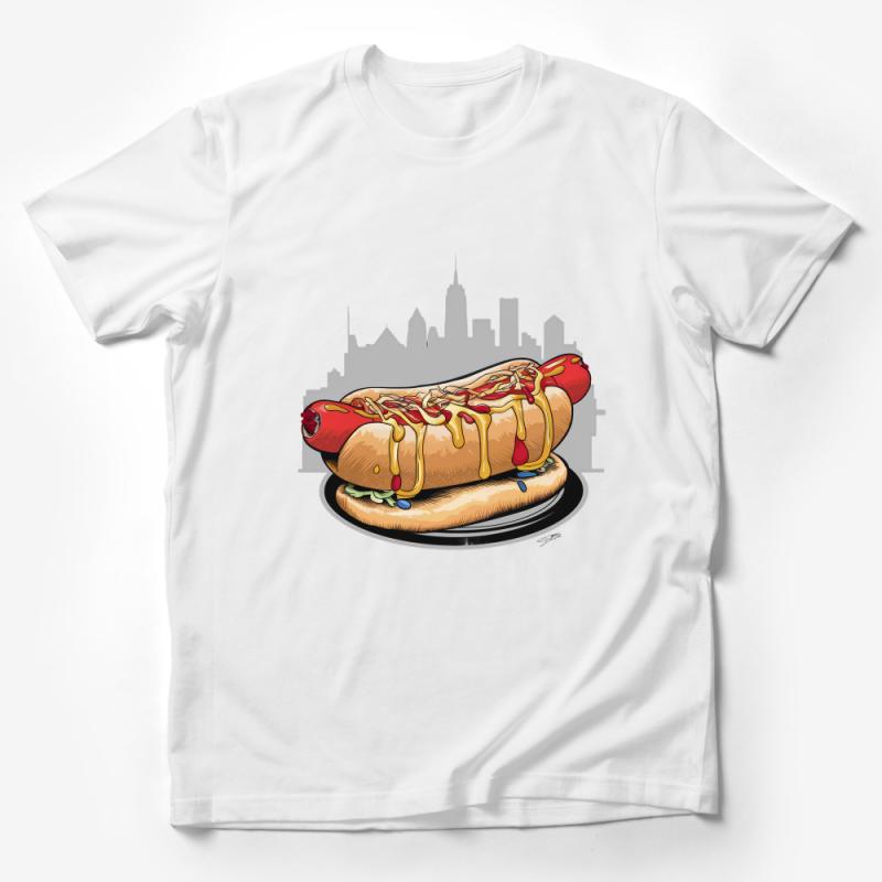 New York Hot Dog T-Shirt, Urban Food Illustration Tee, Casual Street Style Top, Unisex Graphic Shirt, City Skyline Apparel Male T-Shirt