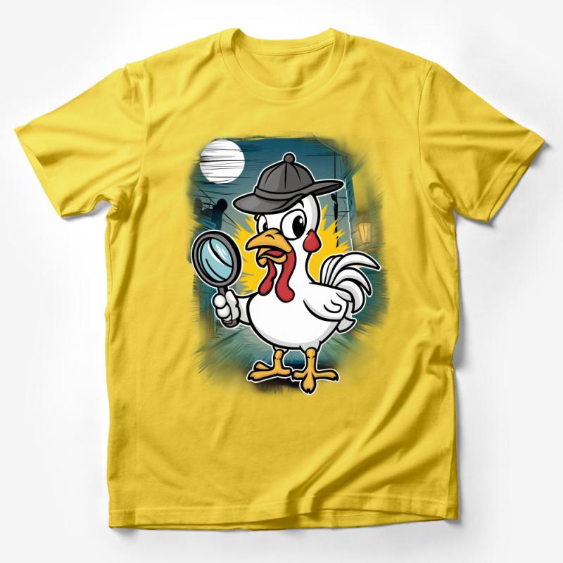 Detective Chicken T-Shirt, Funny Cartoon Sleuth Rooster, Unique Graphic Tee, Mystery Lover Gift, Unisex Shirt for Him and Her Male T-Shirt