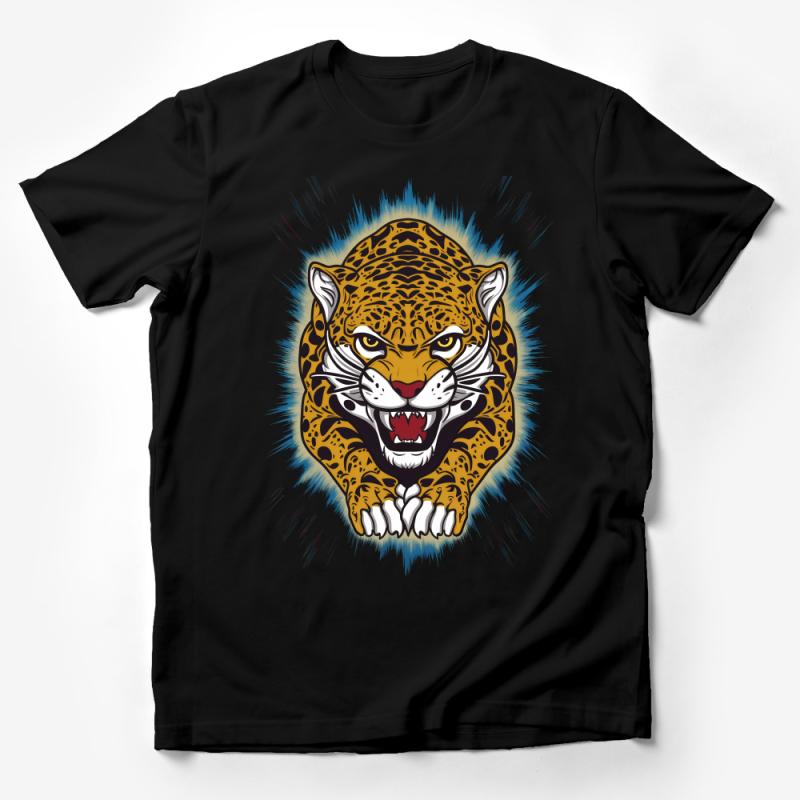 Jungle King Leopard Graphic Tee, Roaring Jaguar Illustration T-Shirt, Unisex Animal Print Shirt, Wild Cat Lover Apparel Male T-Shirt