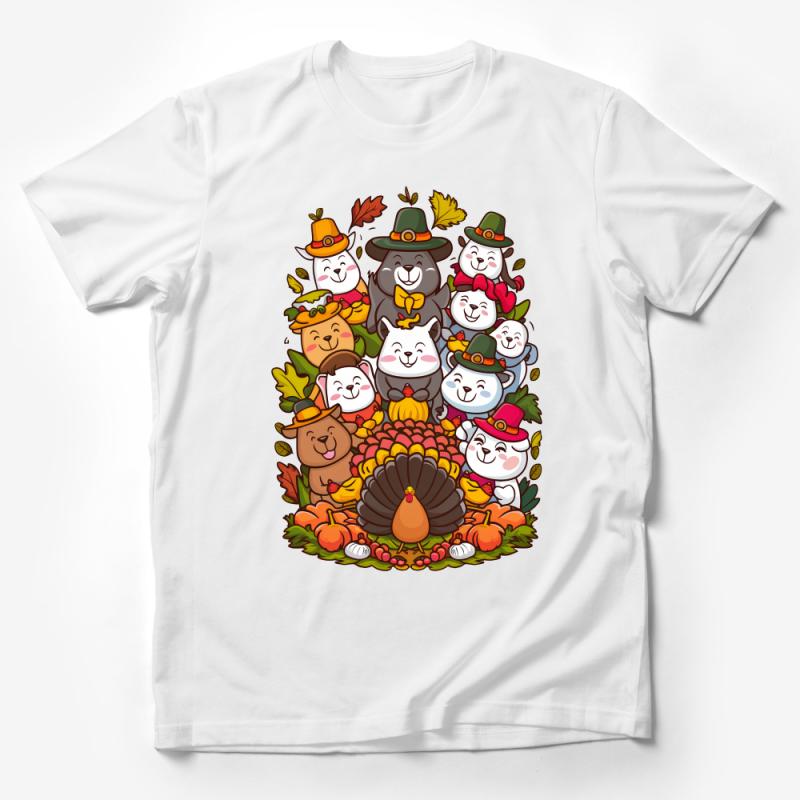 Whimsical Autumn Animals Thanksgiving Feast Cartoon T-Shirt Design Male T-Shirt