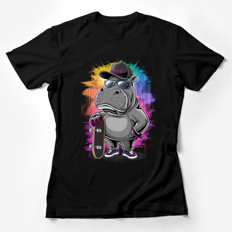 Hip Hop Hippopotamus with Skateboard Urban Style T-Shirt, Colorful Streetwear Graphic Tee for All Ages Female T-Shirt