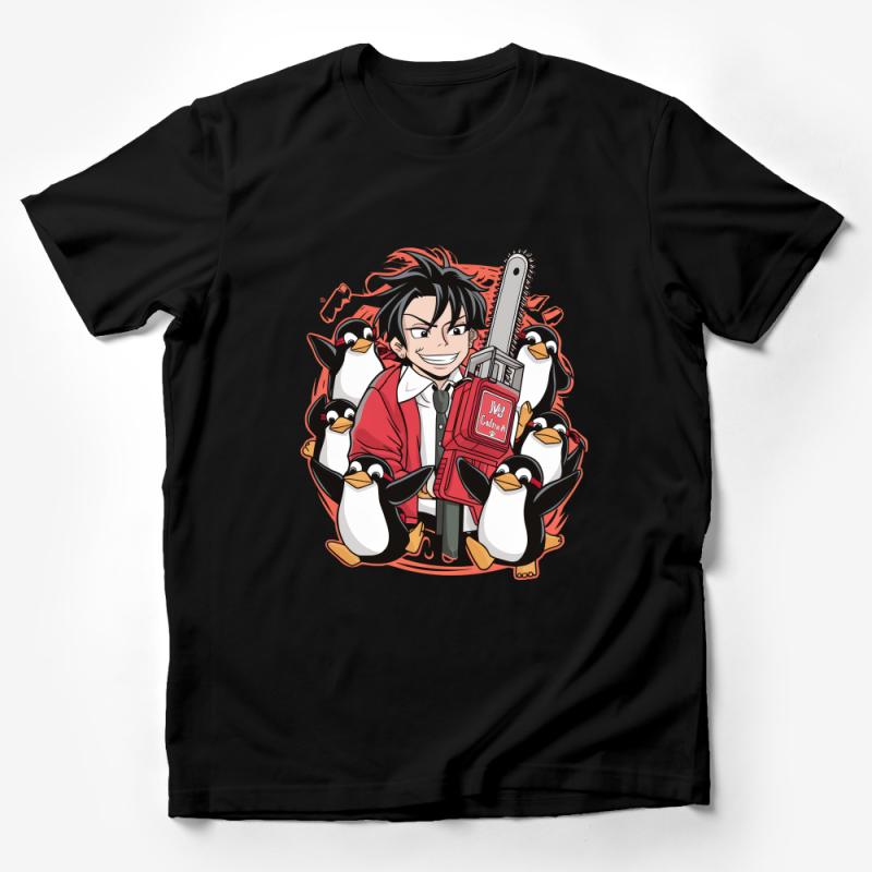 Anime Boy with Penguins Graphic Tee, Casual Manga Unisex T-Shirt, Trendy Otaku Streetwear, Comfy Cotton Tee for Fans Male T-Shirt