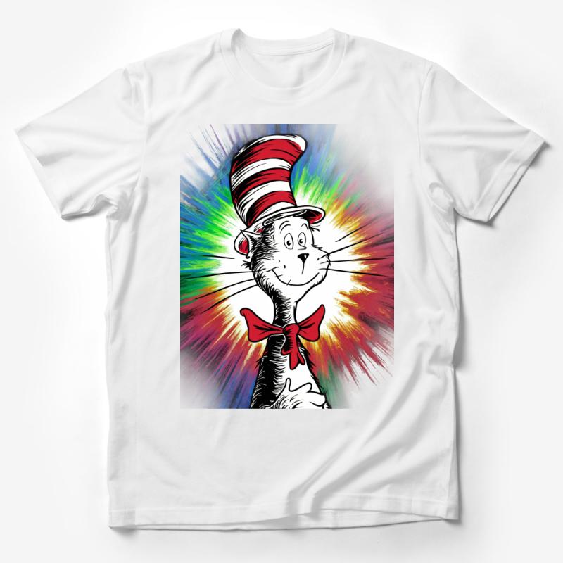 Colorful Cat Character Hat T-Shirt, Whimsical Cartoon Graphic Tee, Unisex Fun Novelty Shirt, Casual Apparel for Cat Lovers Male T-Shirt