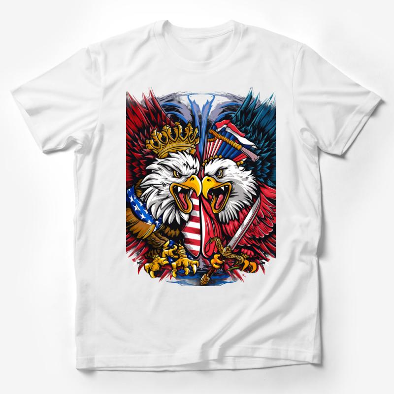 Patriotic Eagle with Crown and Flag Design, Colorful Bold Graphic T-Shirt, Unique American Emblem Tee Male T-Shirt