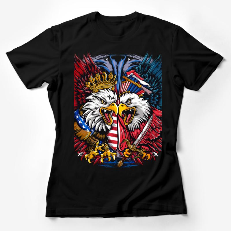 Patriotic Eagle with Crown and Flag Design, Colorful Bold Graphic T-Shirt, Unique American Emblem Tee Female T-Shirt