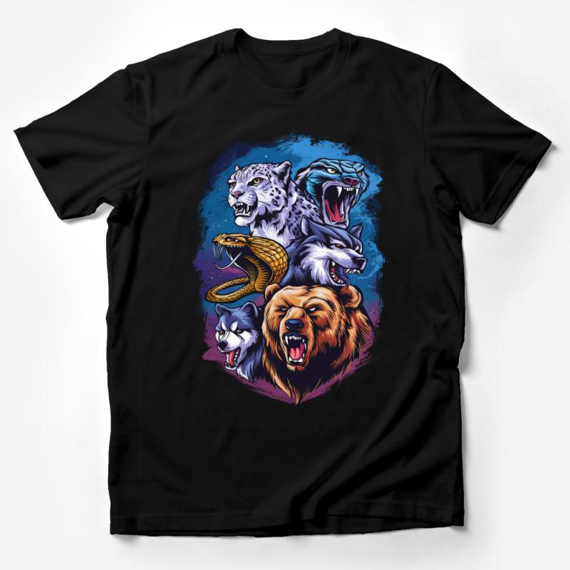 Wild Spirit Animal Totem Vibrant Illustration T-Shirt, Fierce Creatures in Colorful Design Male T-Shirt