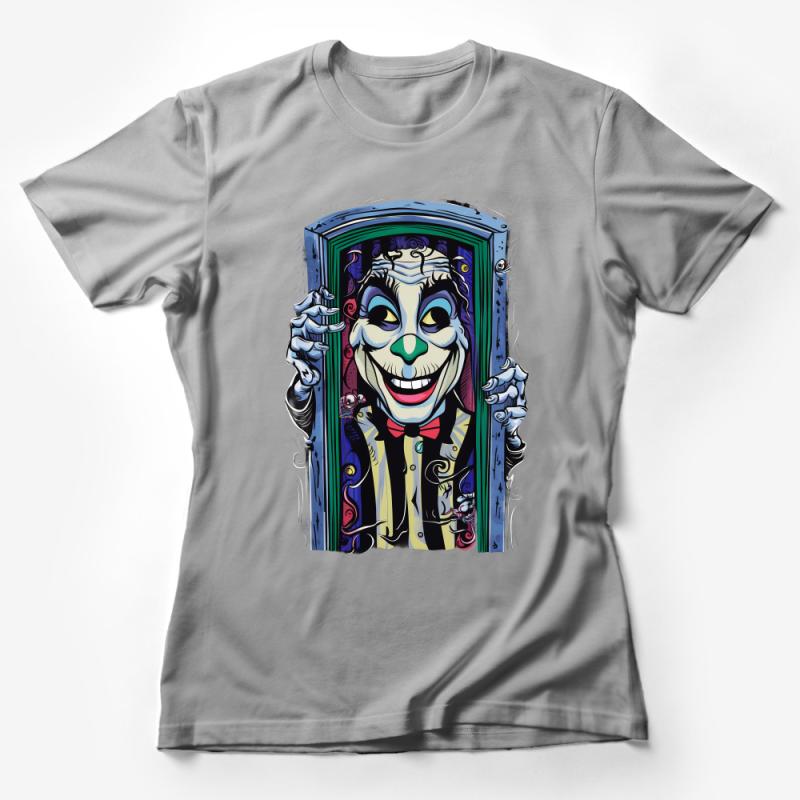 Whimsical Clown T-Shirt, Colorful Jester Tee, Unique Graphic Shirt, Bold Print Unisex Apparel, Artistic Streetwear, Casual Urban Clothing Female T-Shirt