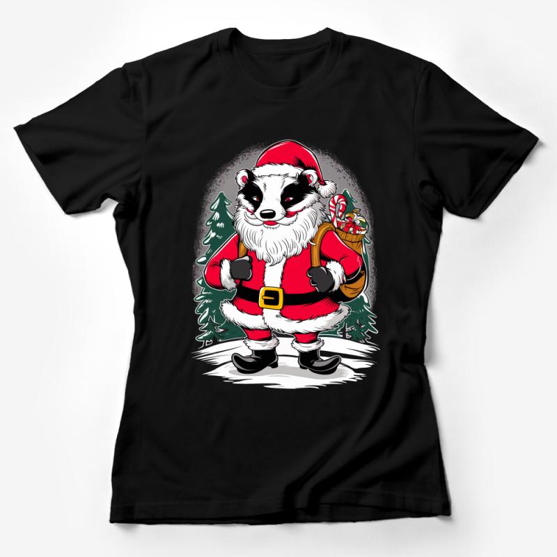 Festive Badger Santa Christmas T-Shirt, Unisex Holiday Animal Tee, Xmas Graphic Shirt, Casual Winter Wear, Unique Gift Idea Female T-Shirt