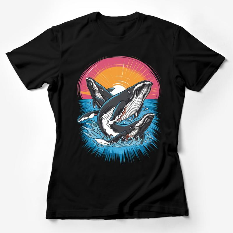 Whimsical Humpback Whale Sunset Graphic Tee, Ocean Life Vibrant Illustration T-Shirt Female T-Shirt