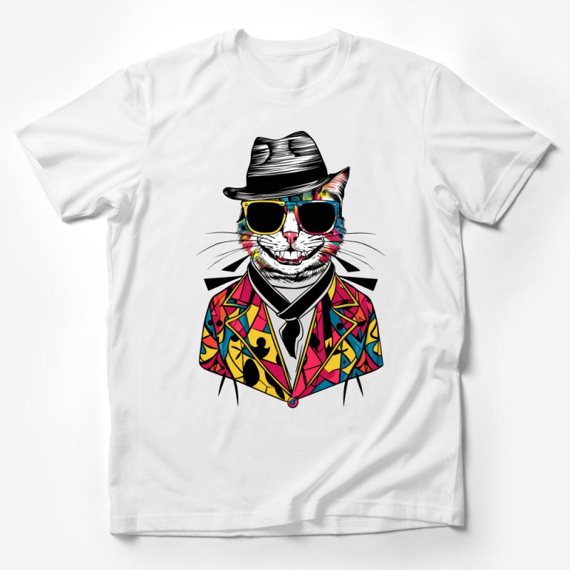 Whimsical Dapper Cat in Hat and Sunglasses Graphic T-Shirt, Colorful Feline Fashion Tee Male T-Shirt