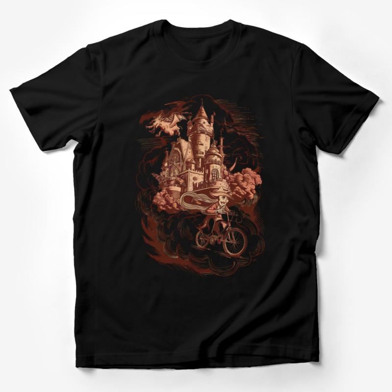 Fantasy Castle and Dragon Graphic T-Shirt, Vintage Style Biking Adventure Tee, Unisex Cotton Shirt, Unique Illustration Apparel Male T-Shirt