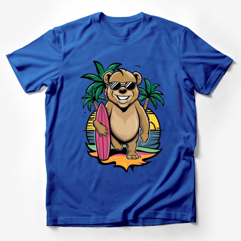 Beach Bear T-Shirt Design with Cool Sunglasses and Surfboard Graphic Male T-Shirt