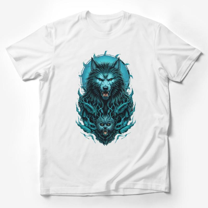 Men's Graphic Wolf T-Shirt, Cool Double Wolf Face Tee, Unique Animal Print Shirt, Forest Wild Beast Top, Hipster Clothing Male T-Shirt