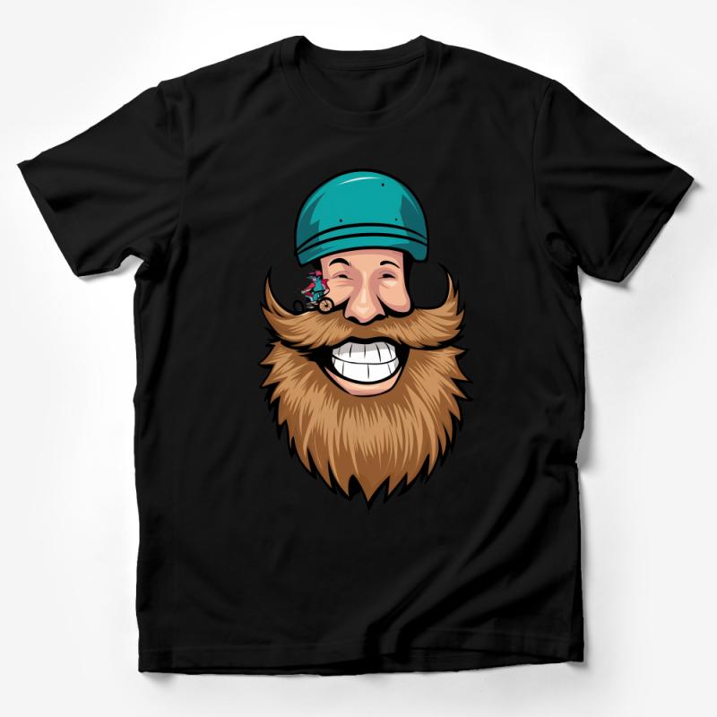 Unique Bearded Man with Blue Helmet and Tiny Bicycle Cartoon T-Shirt Design Male T-Shirt