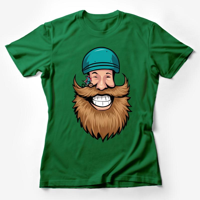 Unique Bearded Man with Blue Helmet and Tiny Bicycle Cartoon T-Shirt Design Female T-Shirt