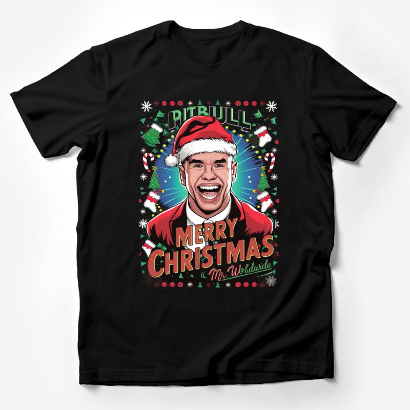 Festive Holiday Pitbull Merry Christmas T-Shirt, Mr. Worldwide Santa Hat Graphic Tee, Unisex Xmas Party Shirt Male T-Shirt