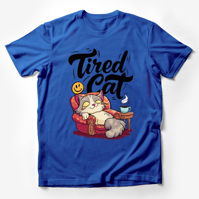 Tired Cat Cute Kitten Lounging with Coffee Humorous Graphic T-Shirt Male T-Shirt