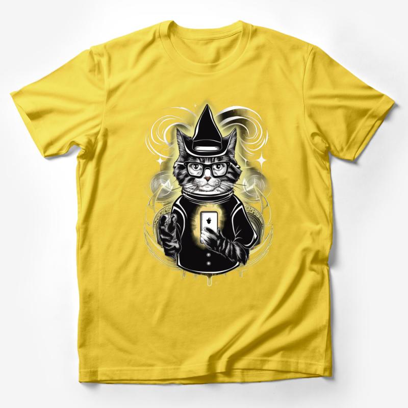 Hipster Cat with Glasses and Smartphone Illustration - Unisex T-Shirt Design Male T-Shirt