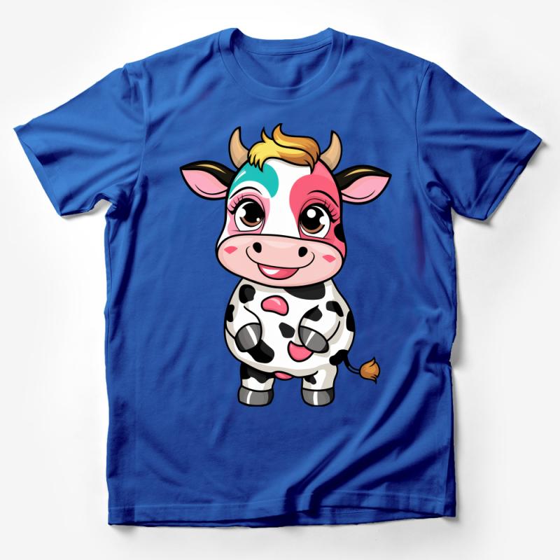 Cute Cartoon Cow T-Shirt, Colorful Farm Animal Graphic Tee, Unisex Kids and Adult Sizes Male T-Shirt