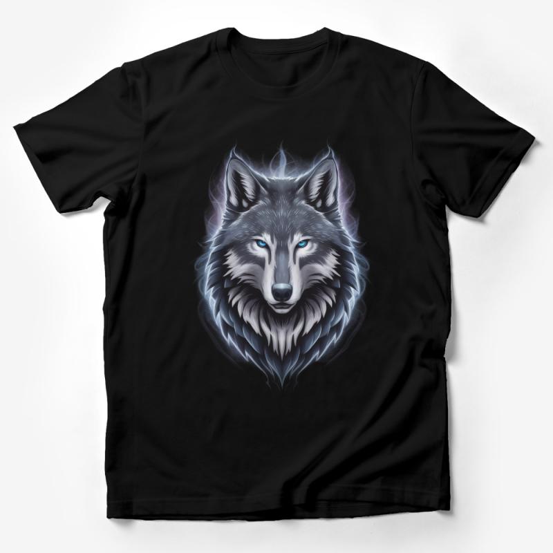 Mystical Blue-Eyed Wolf with Ethereal Flames Graphic T-Shirt, Unisex Wolf Lover Tee Male T-Shirt