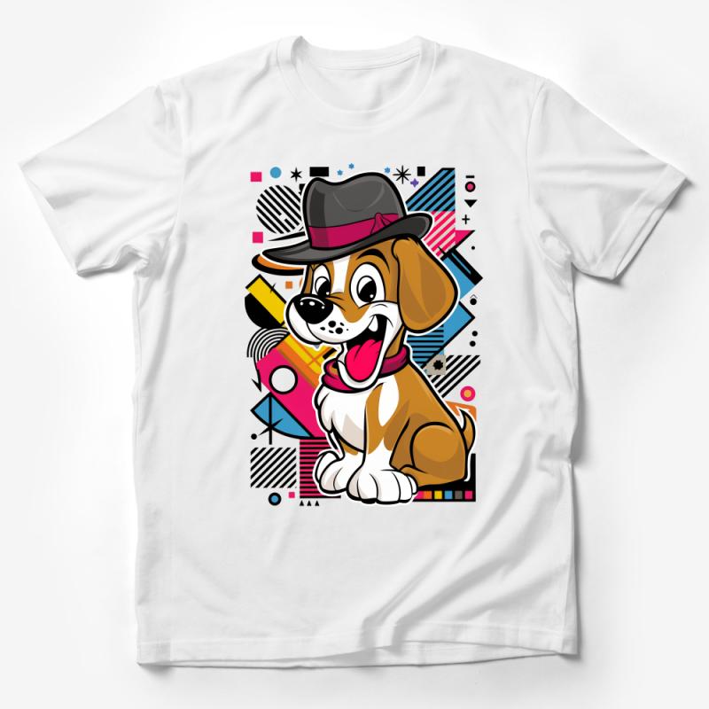 Colorful Pop Art Dog with Hat Graphic T-Shirt, Hip Hop Style Cartoon Dog Tee Male T-Shirt