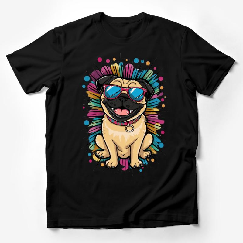 Colorful Pug T-Shirt, Cute Dog Lover Tee, Funky Pug with Glasses, Unisex Graphic T-Shirt, Casual Summer Dog Shirt, Pet Owner Gift Idea Male T-Shirt