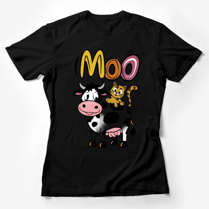 Cute Cow and Cat Friends Moo Graphic Tee, Fun Farm Animal T-Shirt, Unisex Kids and Adult Sizes Female T-Shirt