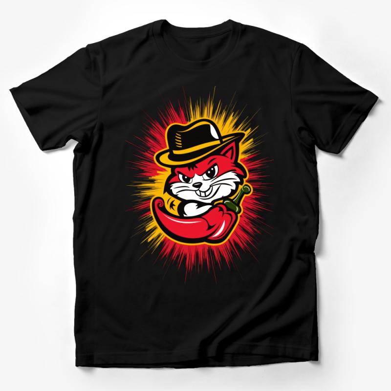 Cool Red Cat with Pepper and Hat T-Shirt, Unisex Graphic Tee, Spicy Hot Feline Lover Gift, Fun Novelty Shirt Male T-Shirt