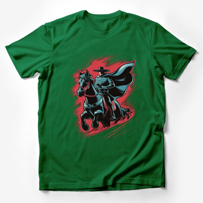 Zorro Inspired Heroic Horse Rider Graphic T-Shirt, Vintage Style Bold Print Tee Male T-Shirt