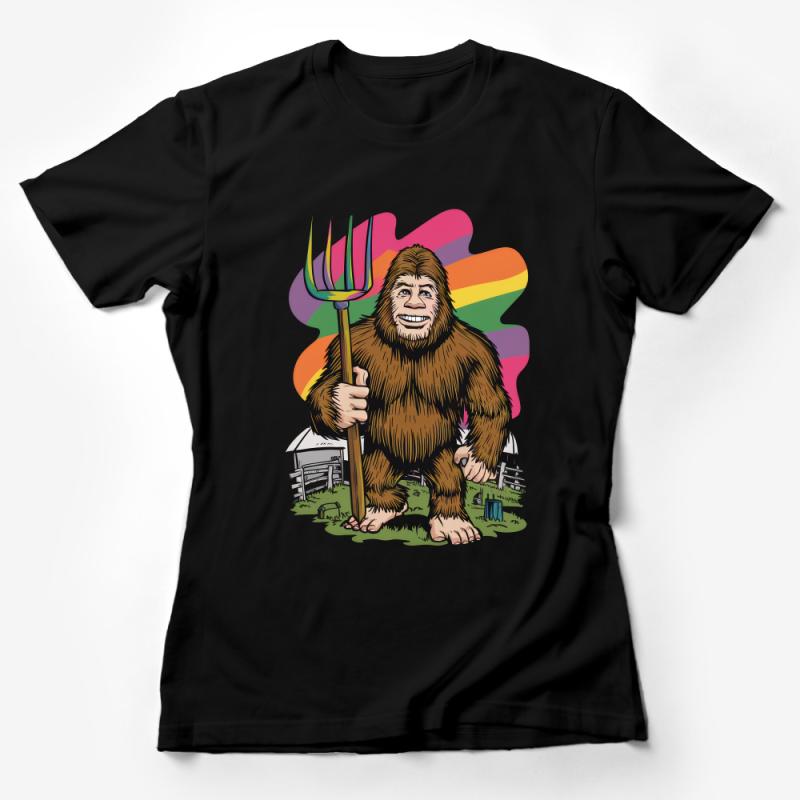 Bigfoot Farmer T-Shirt, Funny Sasquatch Graphic Tee, Colorful Rainbow Background, Unisex Cryptozoology Shirt, Unique Gift Idea Female T-Shirt