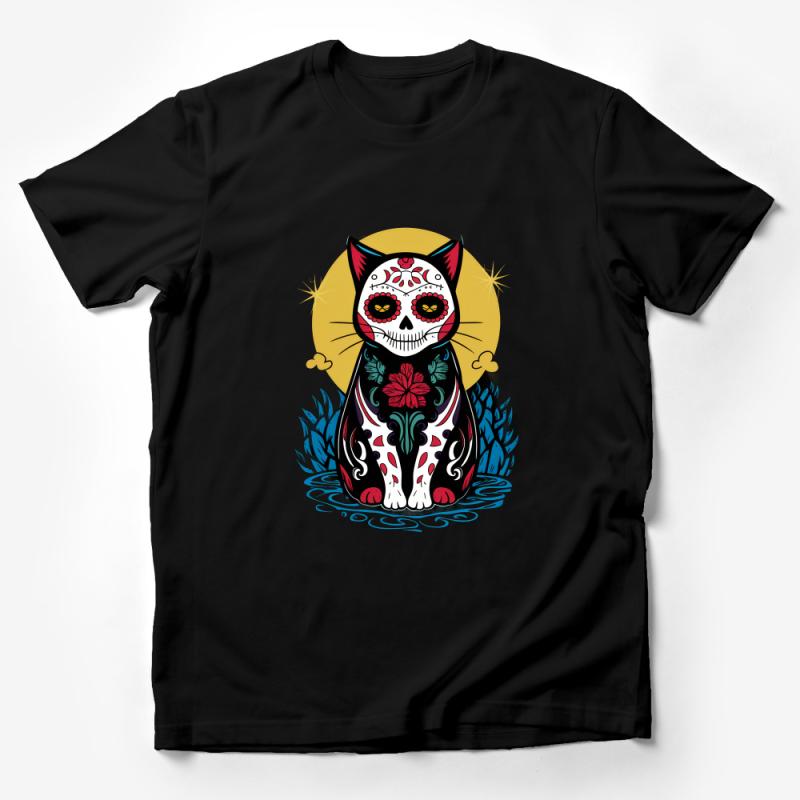 Day of the Dead Inspired Sugar Skull Cat T-Shirt, Unique Floral Cat Illustration Tee Male T-Shirt