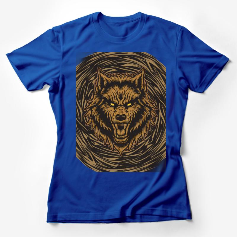 Fierce Golden Wolf Graphic T-Shirt, Unisex Tribal Animal Print Tee, Nature Inspired Wildlife Shirt Design, Cool Wilderness Top for All Female T-Shirt