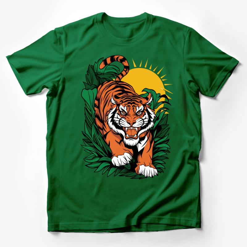 Jungle Tiger Graphic T-Shirt, Tropical Wildlife Illustration Tee, Bold Animal Print Shirt, Unisex Nature Inspired Top Male T-Shirt