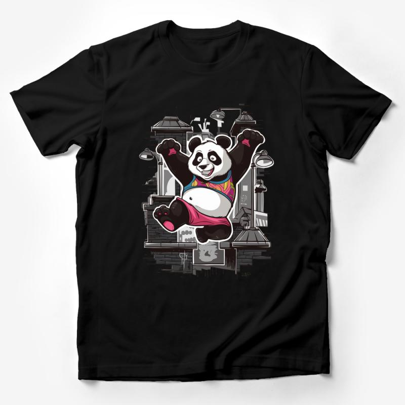 Urban Panda Graphic Tee, Cool Cityscape Panda T-Shirt, Unique Animal Design Cotton Top, Unisex Trendy Streetwear, Fashionable Urban Outfit Male T-Shirt