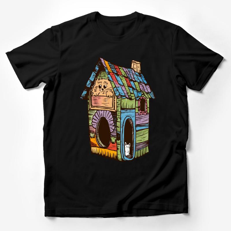 Whimsical Cat House Illustration T-Shirt, Colorful Art Tee, Unique Cat Lover Gift, Quirky Graphic Unisex Shirt Male T-Shirt