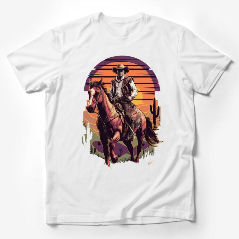 Cowboy and Horse T-Shirt, Western Sunset Graphic Tee, Vintage Style Cowboy Illustration, Unisex Cotton Shirt Male T-Shirt